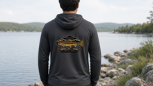 Load image into Gallery viewer, Fishing Hoodie person mockup — 50% garment-back exact Pescador art